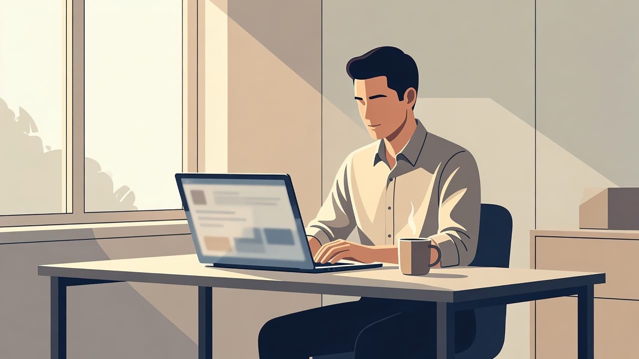 A focused professional sits at a clean minimalist desk featuring a glowing laptop and a warm cup of coffee. Soft morning sunlight streams through the nearby window, casting gentle shadows across furniture.