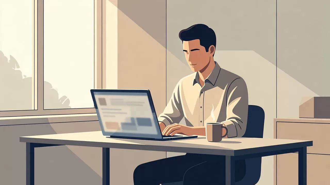 A focused professional sits at a clean minimalist desk featuring a glowing laptop and a warm cup of coffee. Soft morning sunlight streams through the nearby window, casting gentle shadows across furniture.