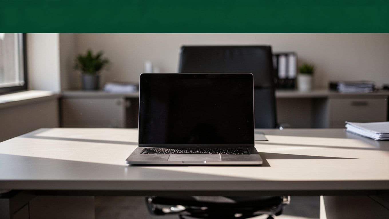 A dark green horizontal header bar displays the text Someli AI in bold white lettering. Beneath this, a clean desk setup featuring a laptop rests against a softly blurred professional backdrop.