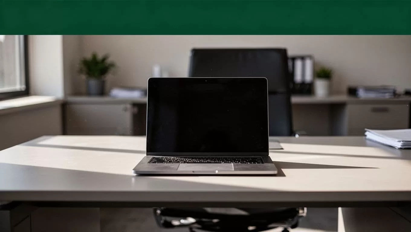 A dark green horizontal header bar displays the text Someli AI in bold white lettering. Beneath this, a clean desk setup featuring a laptop rests against a softly blurred professional backdrop.