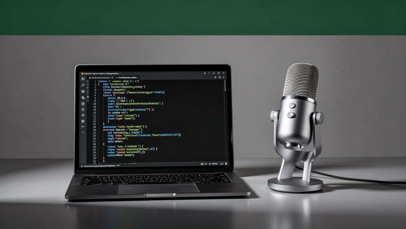 A laptop showing code and a professional microphone on a studio desk with a dark green header.