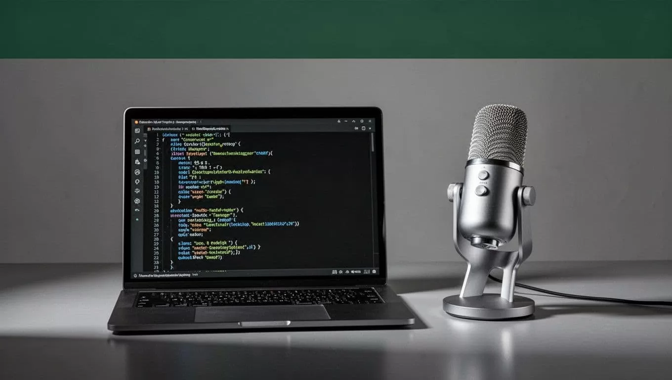 A laptop showing code and a professional microphone on a studio desk with a dark green header.