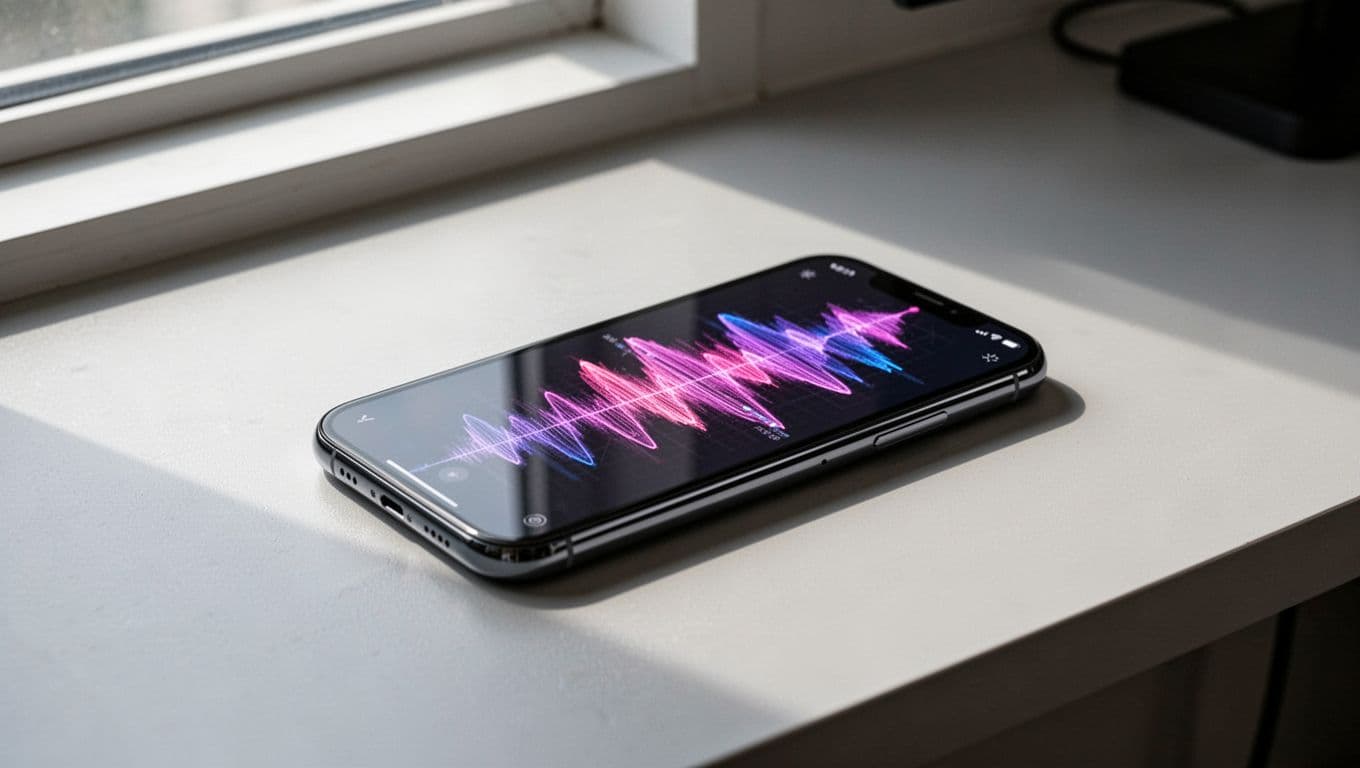 A smartphone showing audio waveforms sits on a minimalist desk below a dark green headline band.