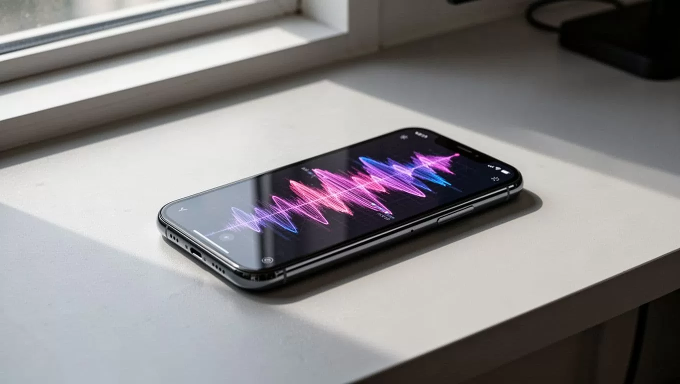 A smartphone showing audio waveforms sits on a minimalist desk below a dark green headline band.