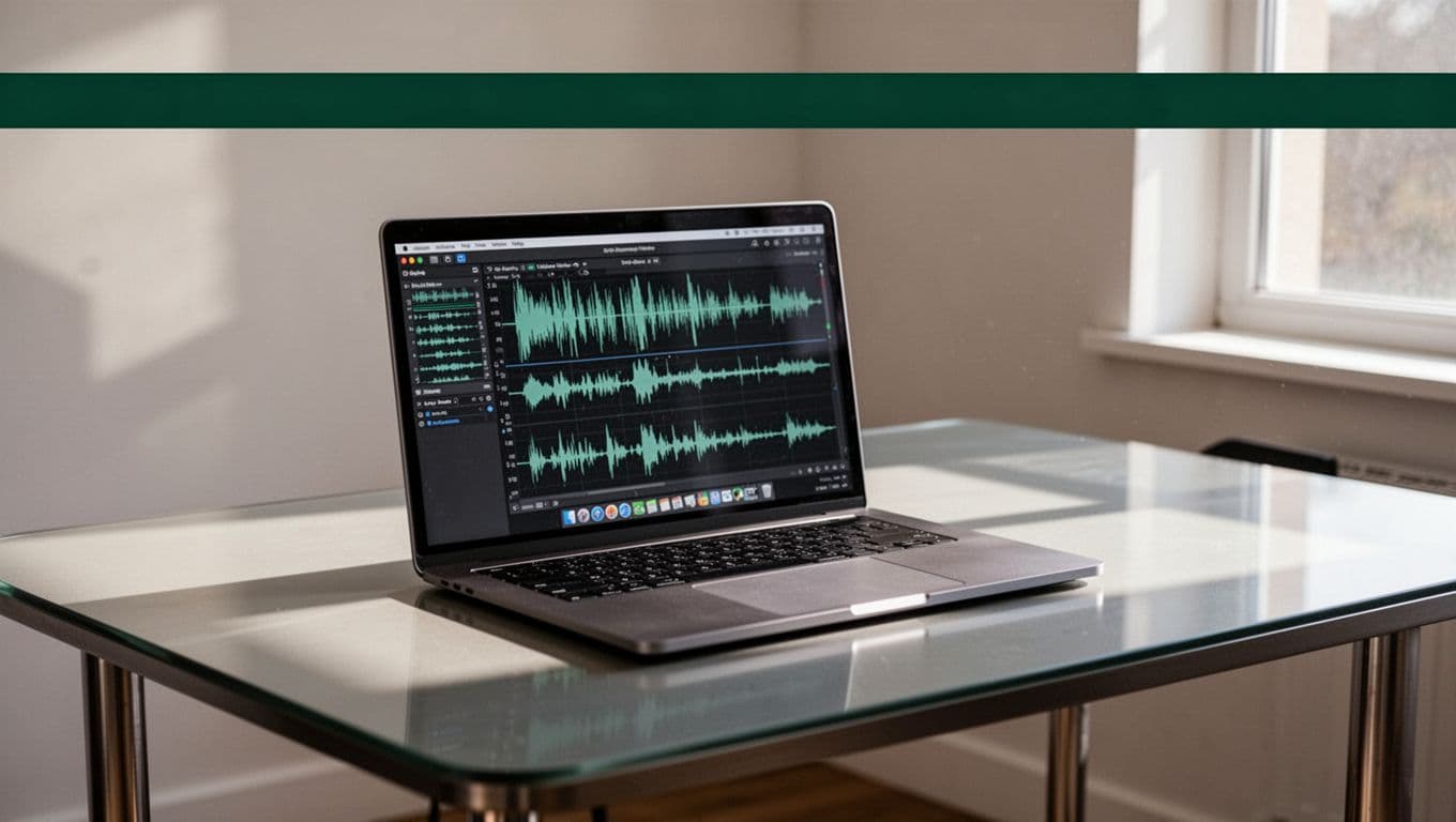 An open laptop on a desk showing audio waveforms with a green headline banner.