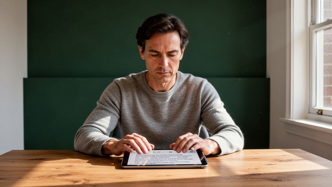 A person using text-to-speech software on a tablet for reading support.