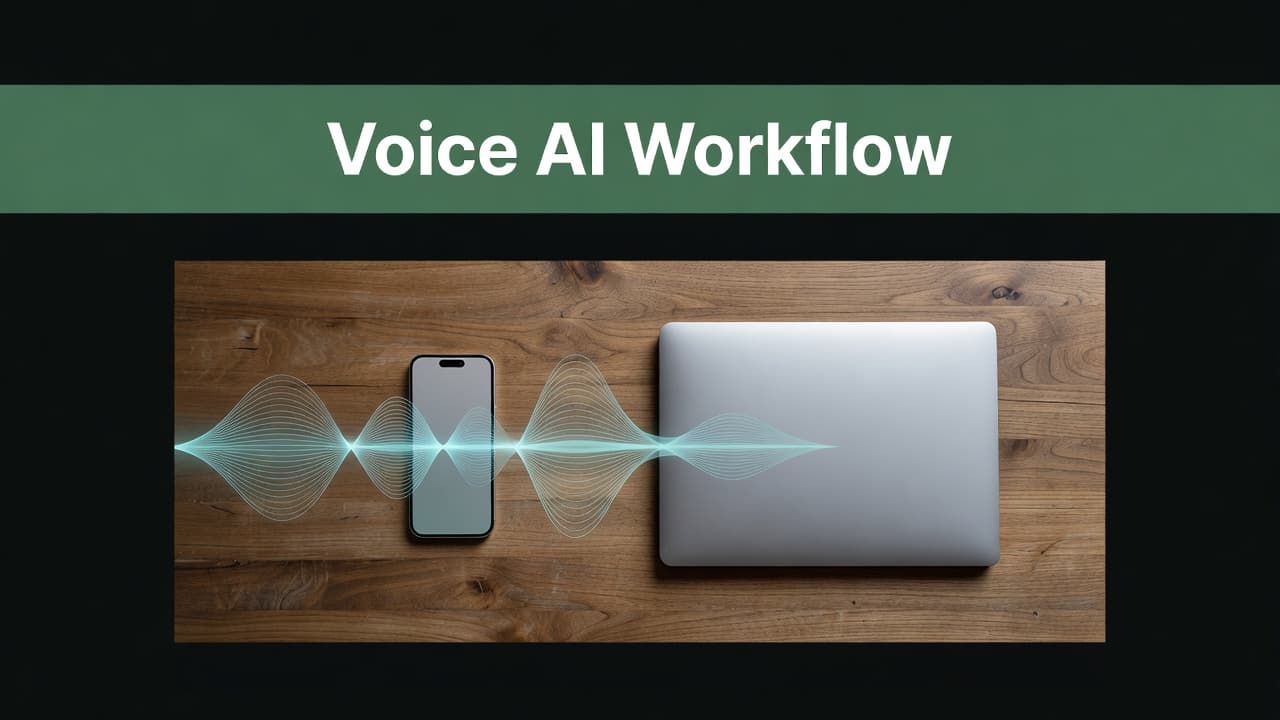 A dark wooden desk holds a smartphone and laptop beneath a green banner labeled Voice AI Workflow.