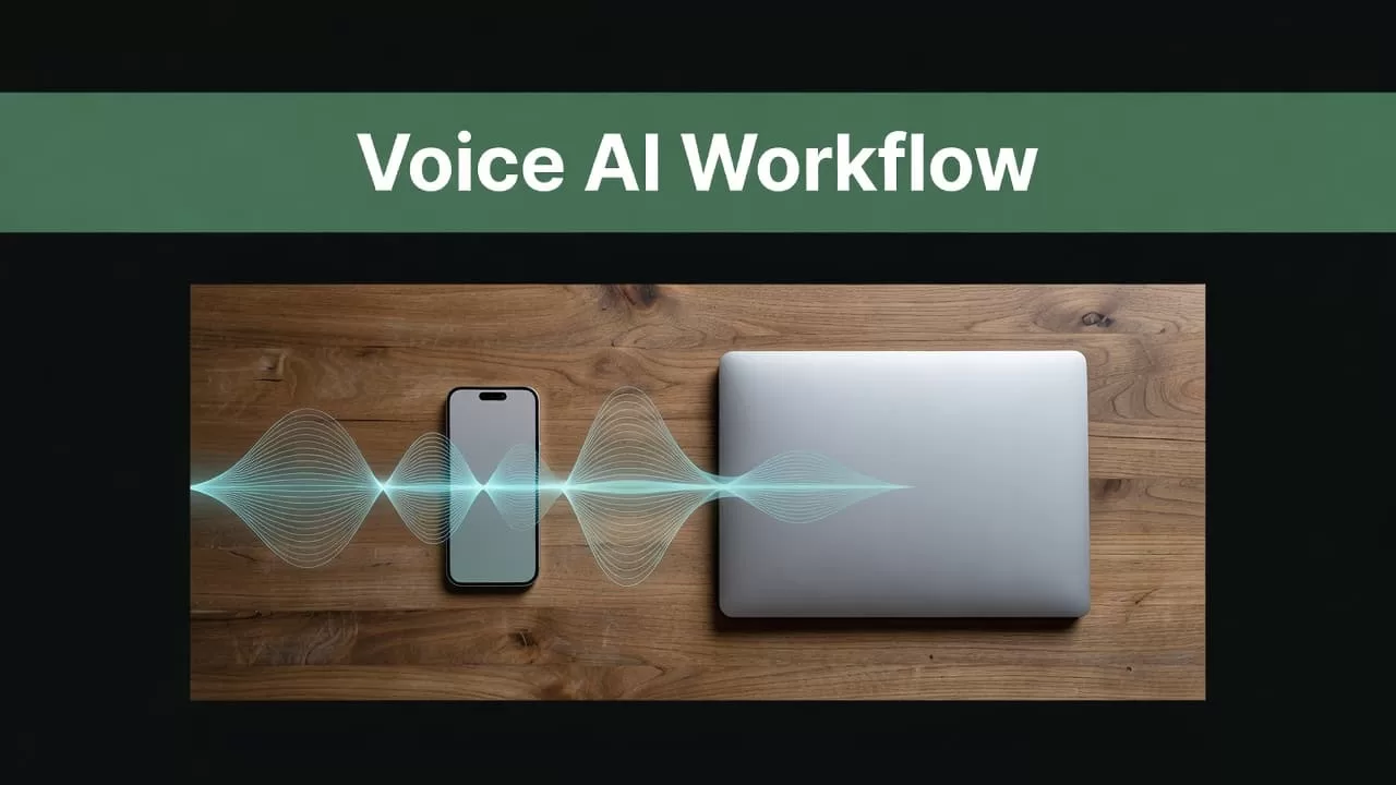 A dark wooden desk holds a smartphone and laptop beneath a green banner labeled Voice AI Workflow.