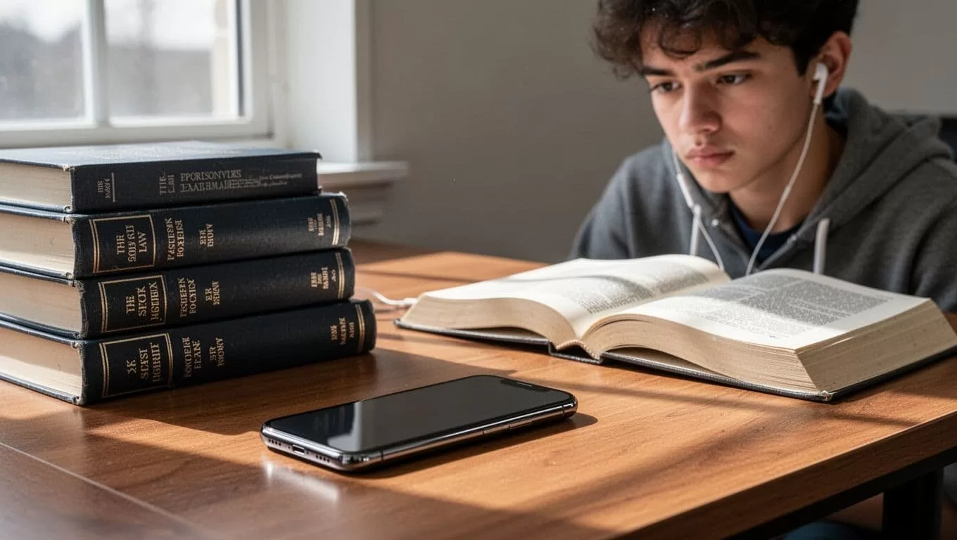 A smartphone and law books on a dark wooden desk.