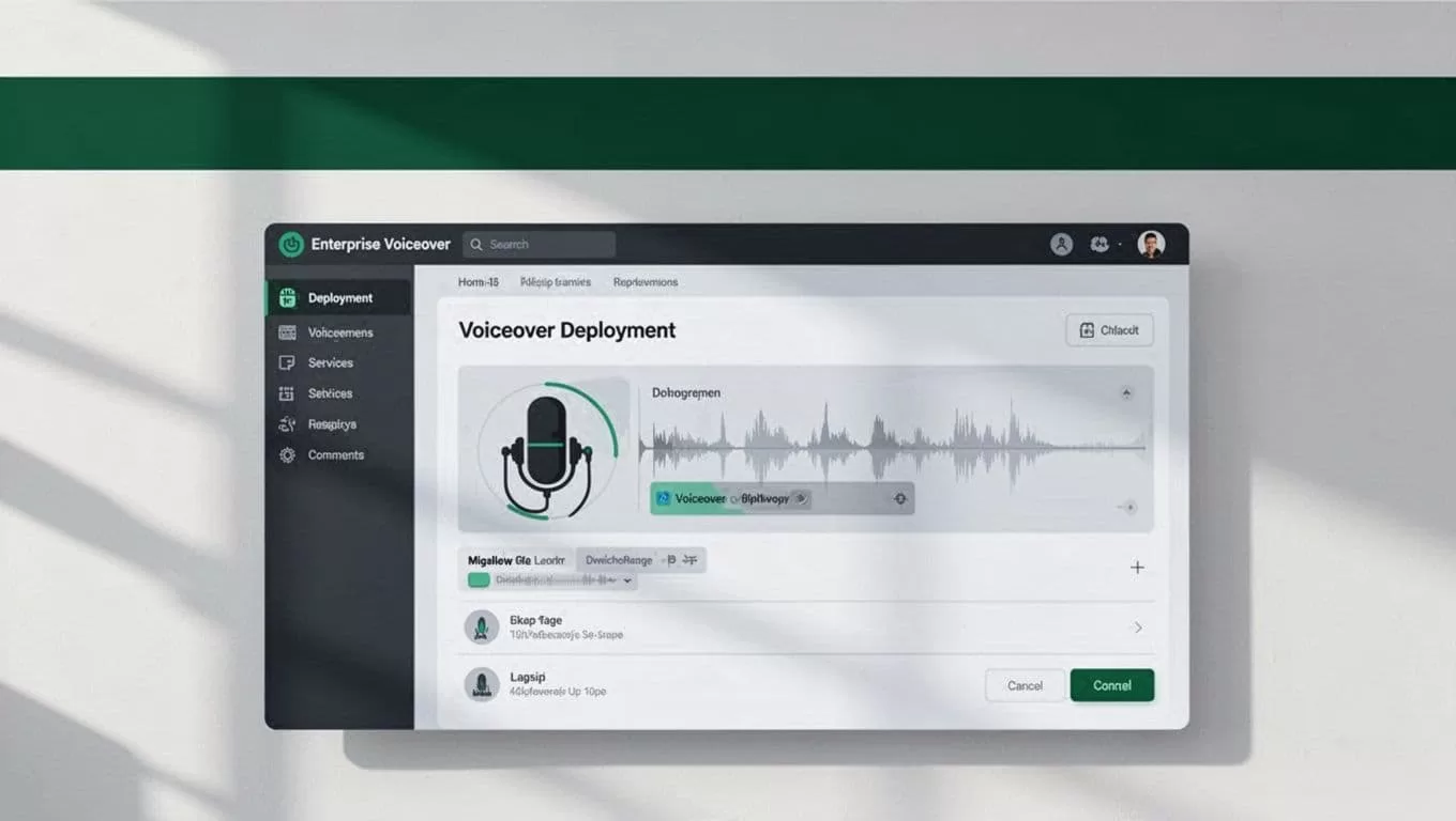 An enterprise voiceover software dashboard with a dark green headline banner at the top.