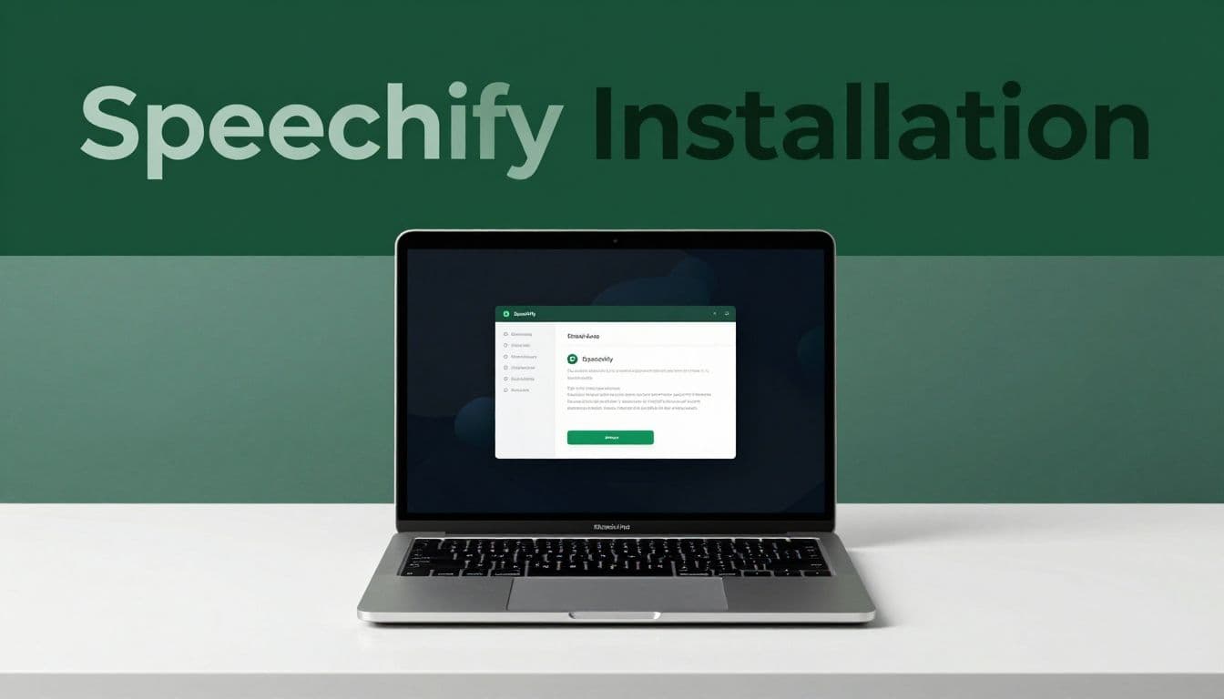 A sleek silver laptop sits centered on a polished dark desk. The clean workspace features a bold green header bar above, providing a professional environment for installing new productivity software.