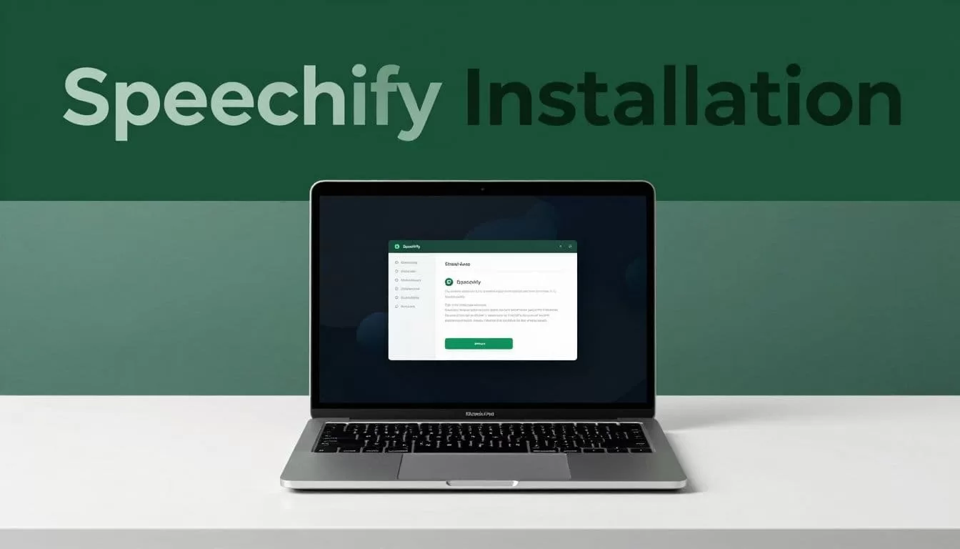 A sleek silver laptop sits centered on a polished dark desk. The clean workspace features a bold green header bar above, providing a professional environment for installing new productivity software.