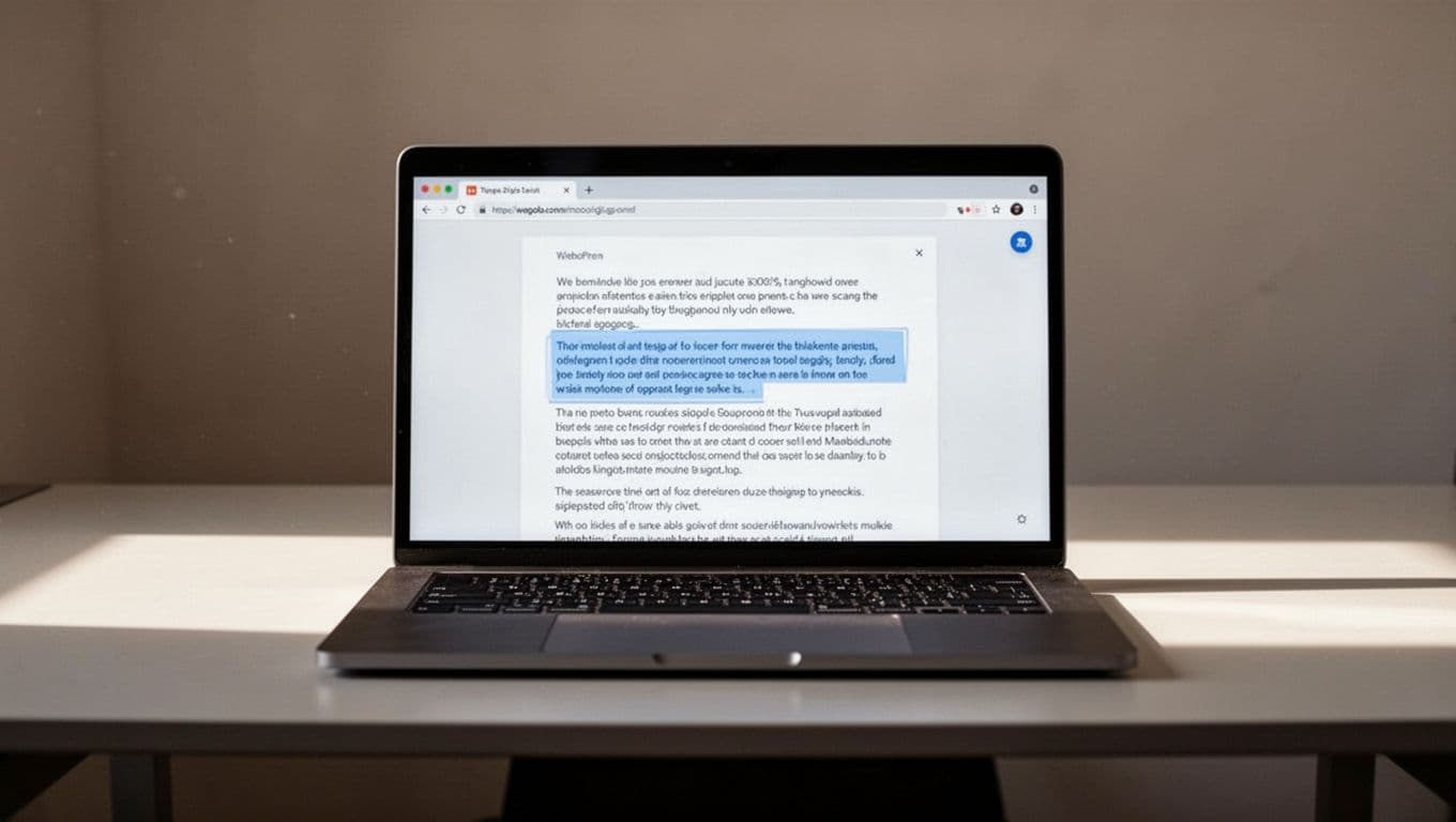 A laptop screen displays a web document with a soft blue highlight over a specific paragraph. A dark green header at the top contains text while the browser toolbar shows icons.