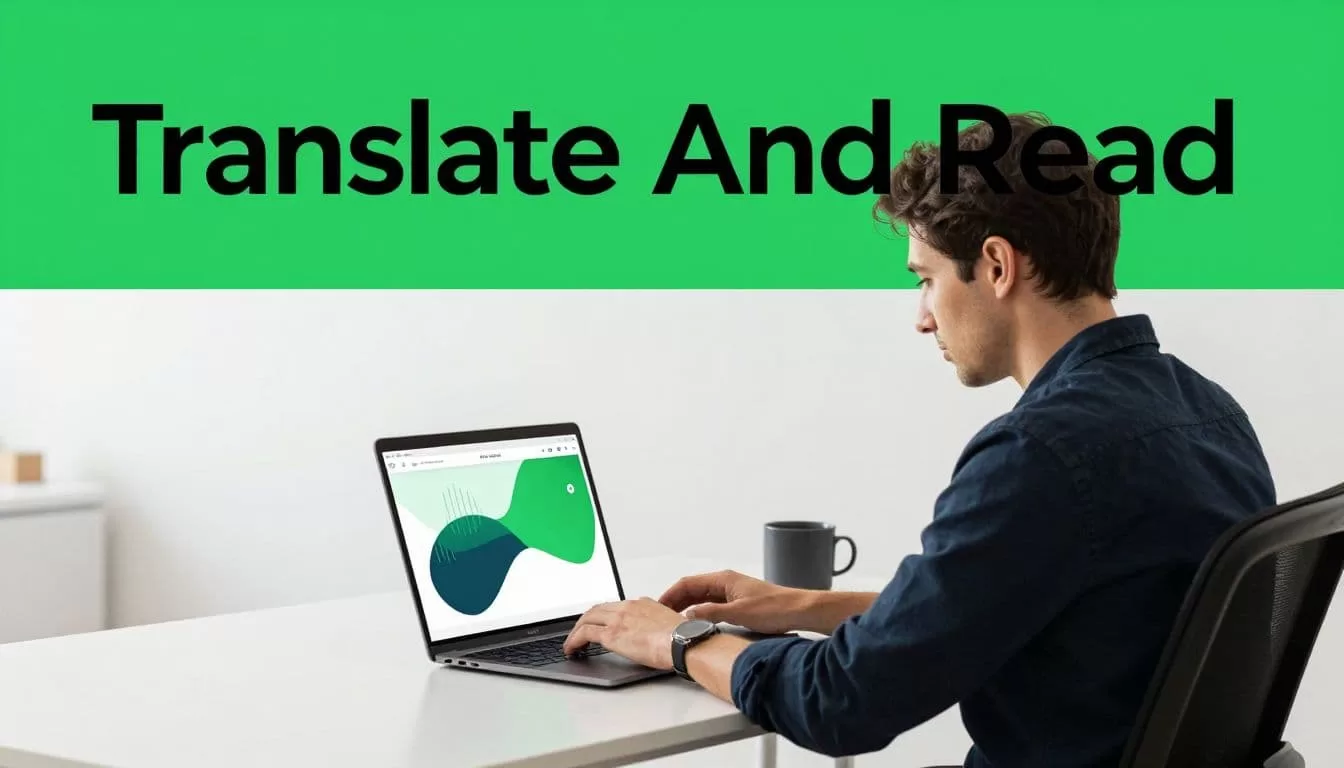 A professional using a laptop with a green Translate And Read interface at a minimalist desk.