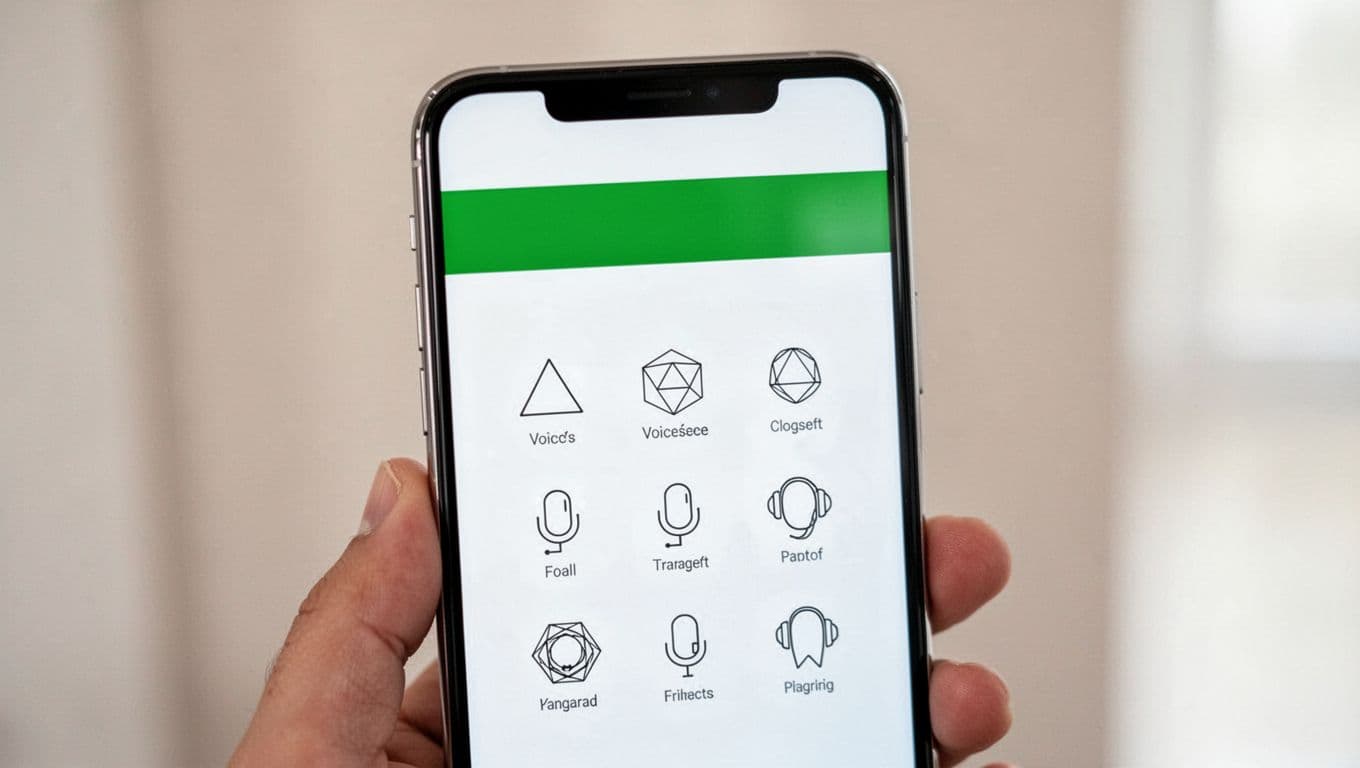 A close-up smartphone screen displays a bold green header labeled voice selection. Below the bar, various circular voice icons are organized neatly against a clean, white, minimalist app background.