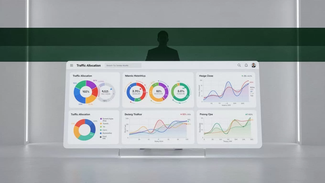 A minimal analytics interface showing traffic allocation charts and metrics.