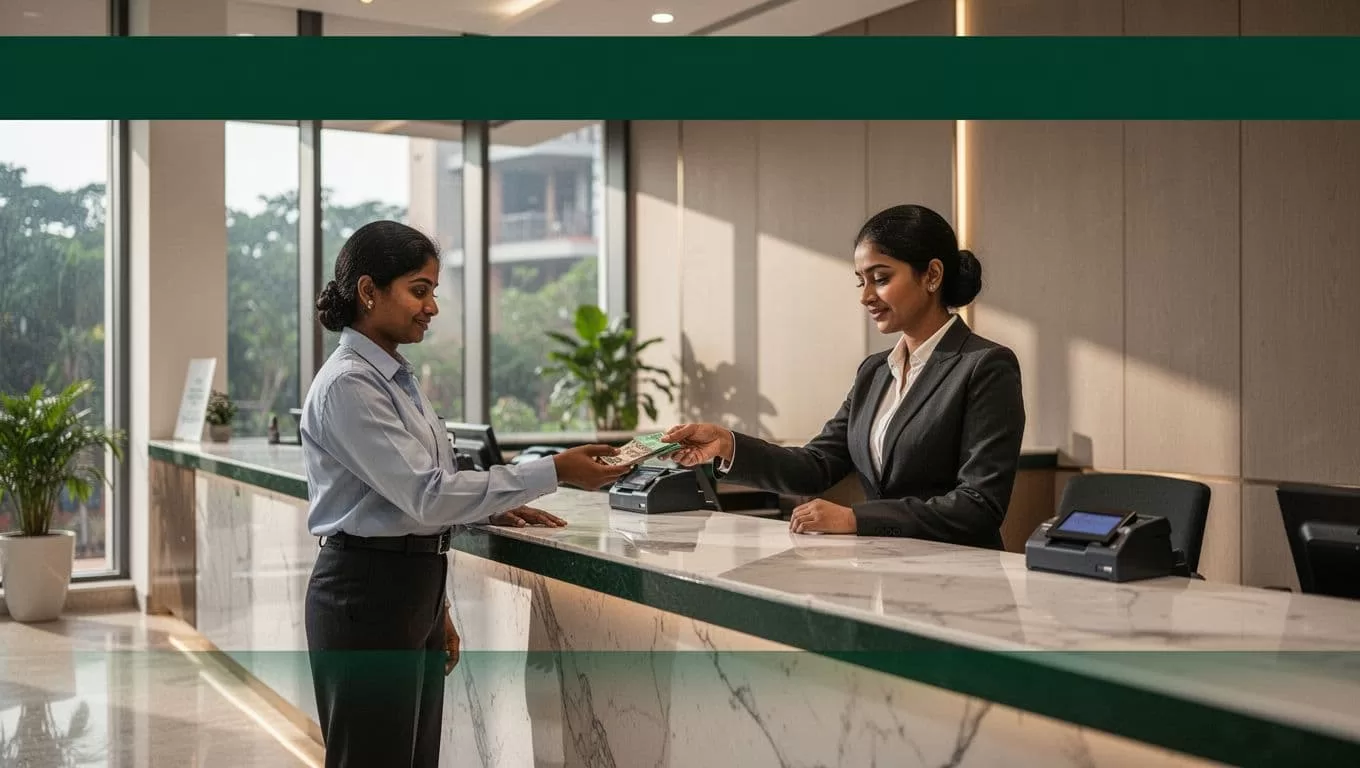Modern bank counter beneath a dark-green band reading Local Payout.