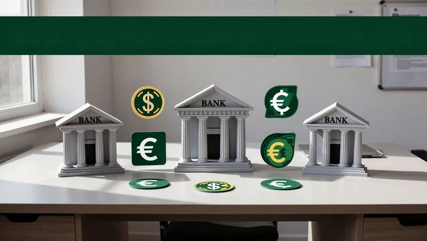 Bank buildings and currency exchange icons beneath a dark-green Payout Options banner.