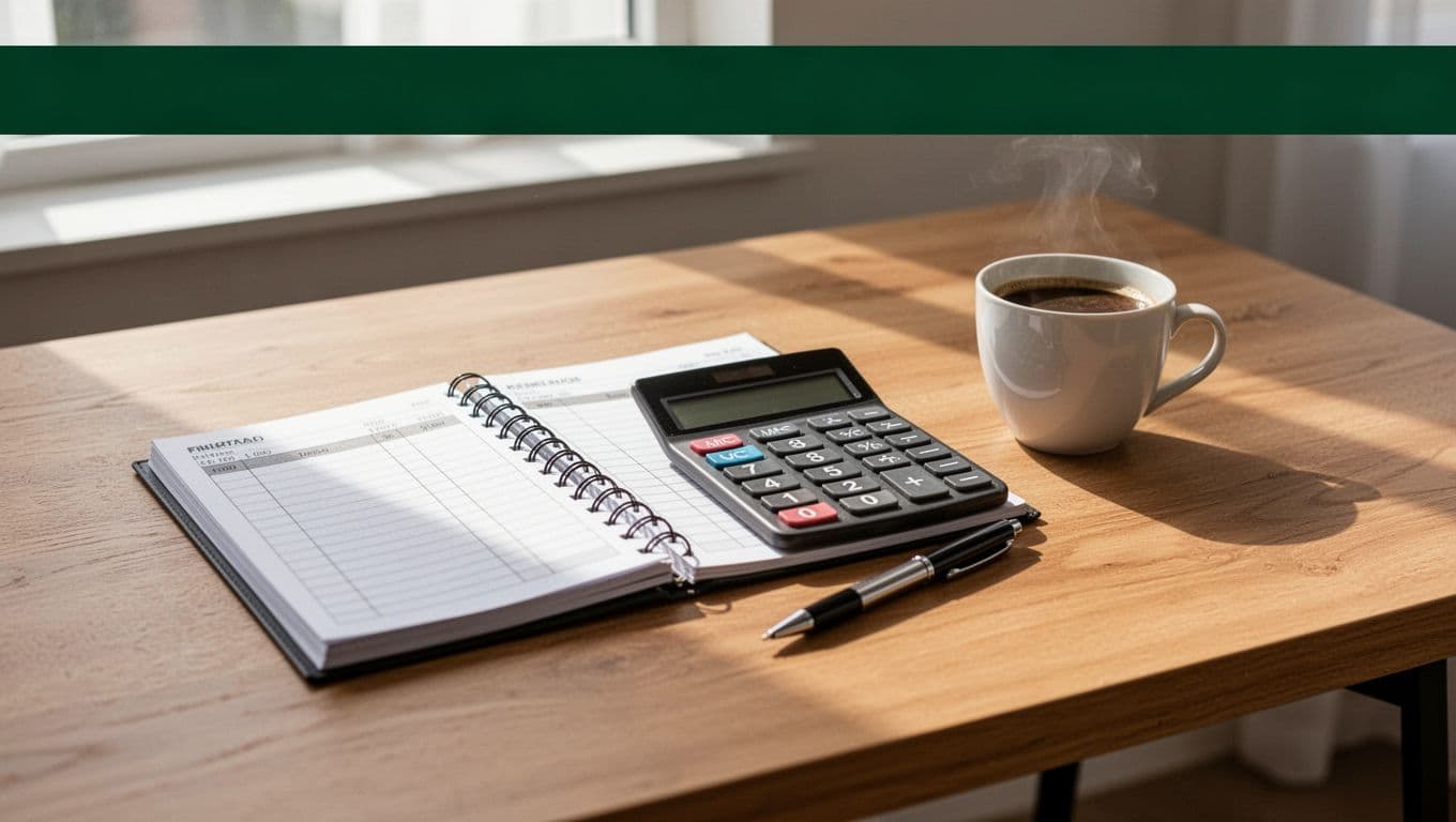 A green Payout Options banner above financial planning items on a desk.
