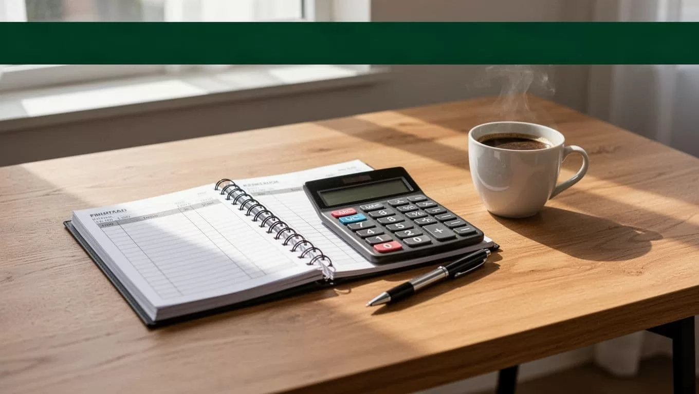 A green Payout Options banner above financial planning items on a desk.