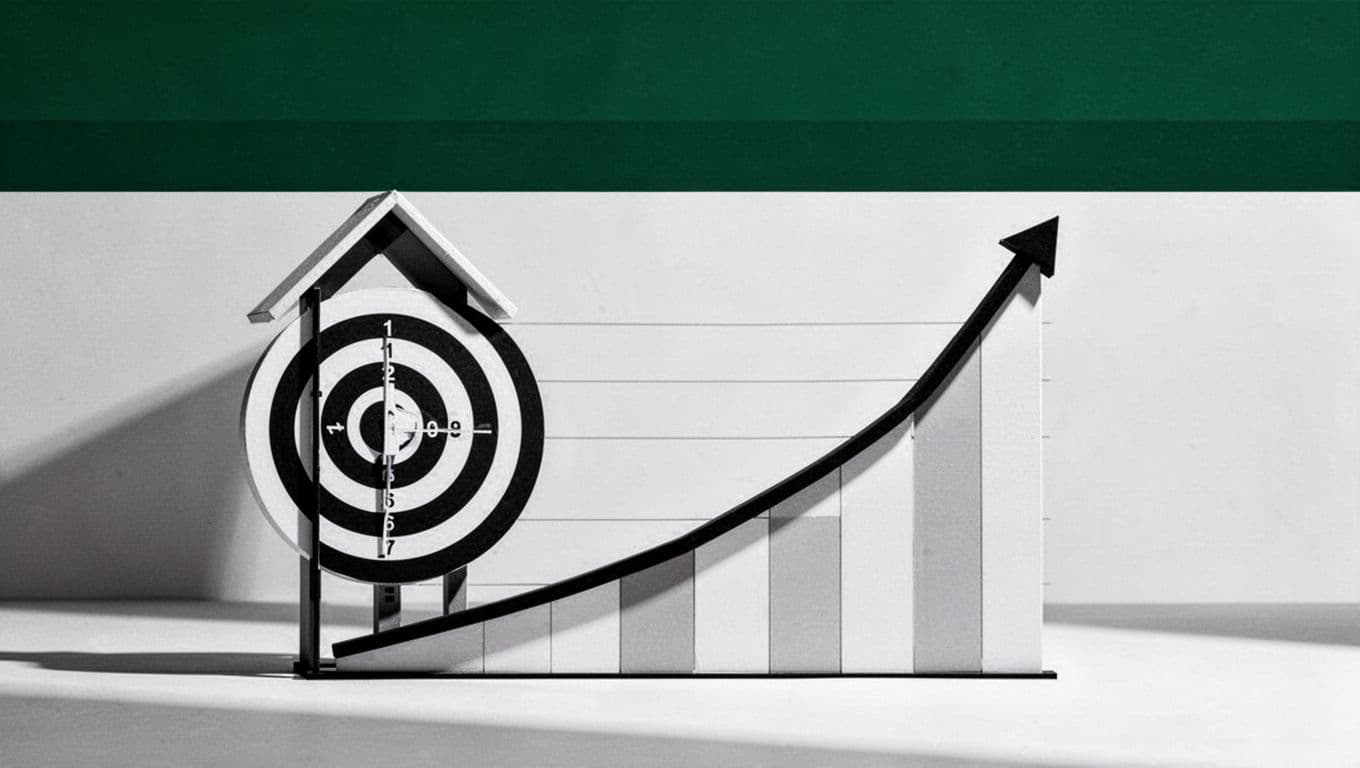 A high-contrast visual features a white target symbol next to a rising bar chart. A thick dark green horizontal band spans the top, prominently displaying the bold text Set Strategic Goals.