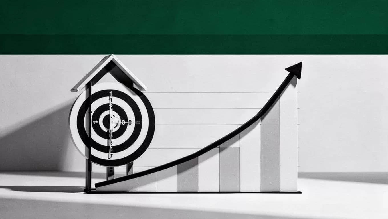 A high-contrast visual features a white target symbol next to a rising bar chart. A thick dark green horizontal band spans the top, prominently displaying the bold text Set Strategic Goals.
