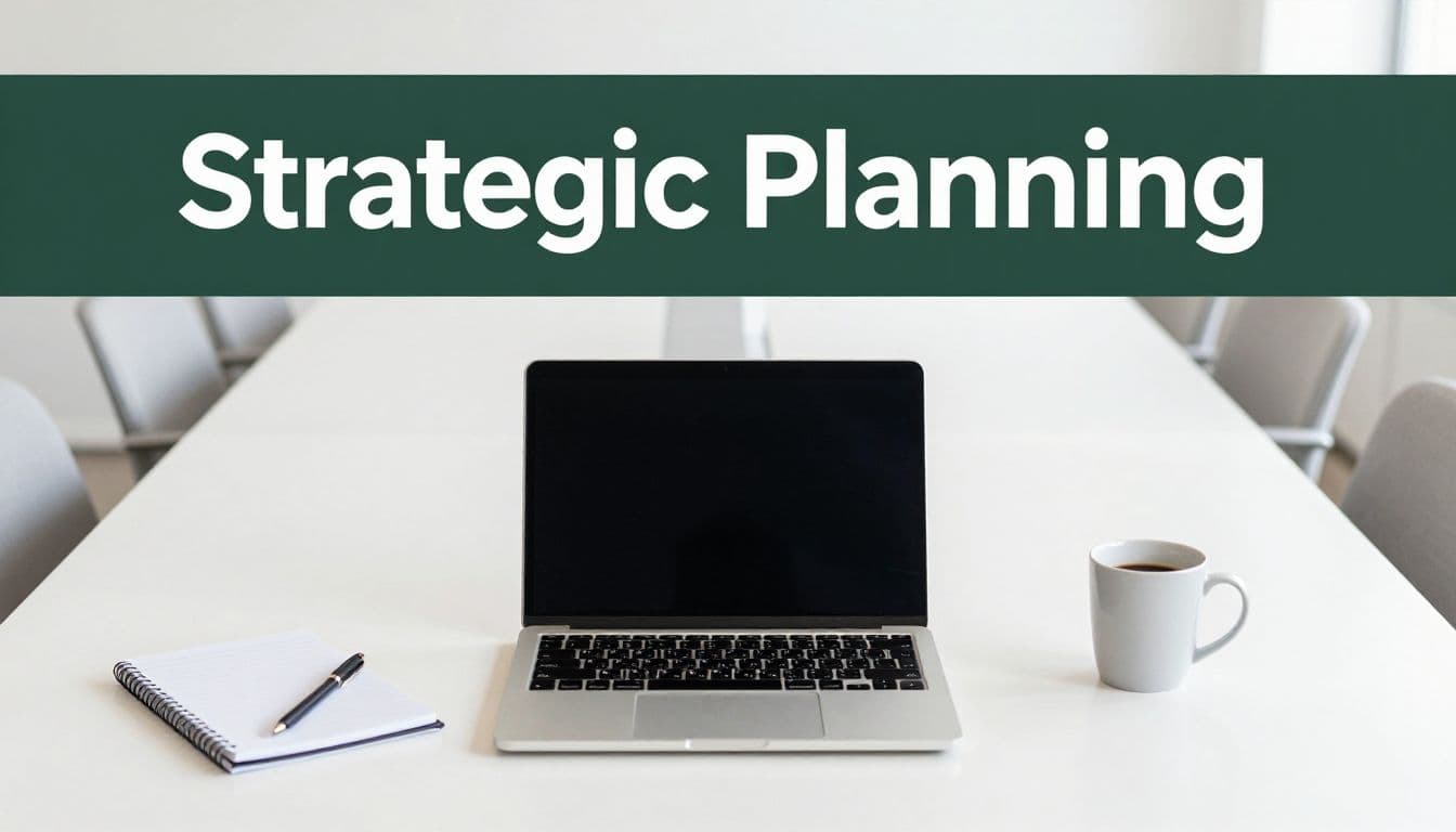 A clean conference table features a laptop, notebook, and coffee mug from an overhead perspective. A dark green header bar displays bold white text for a professional, collaborative meeting environment.
