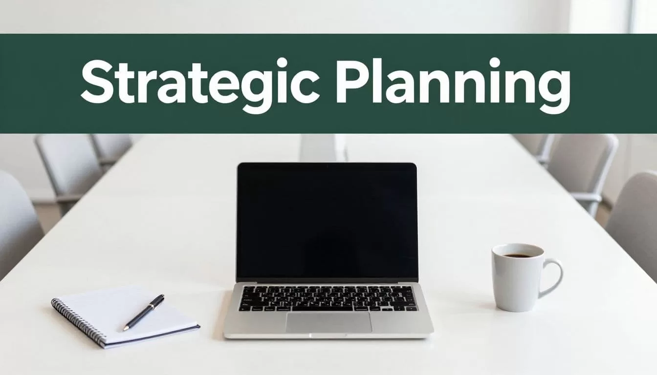 A clean conference table features a laptop, notebook, and coffee mug from an overhead perspective. A dark green header bar displays bold white text for a professional, collaborative meeting environment.