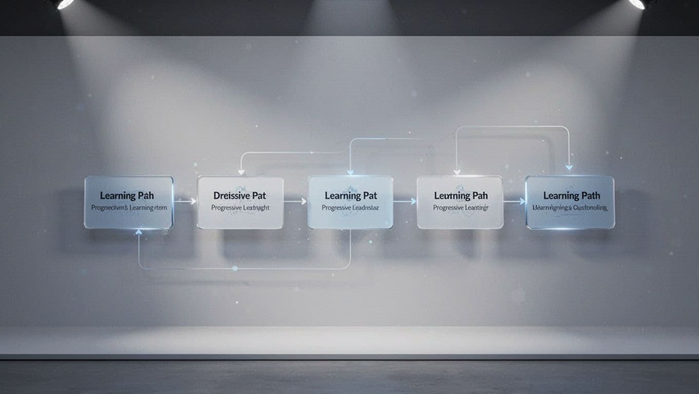A minimalist digital dashboard displays a series of interconnected nodes representing a curriculum path. Soft blue and neutral tones define the organized layout, emphasizing a logical progression through educational learning units.