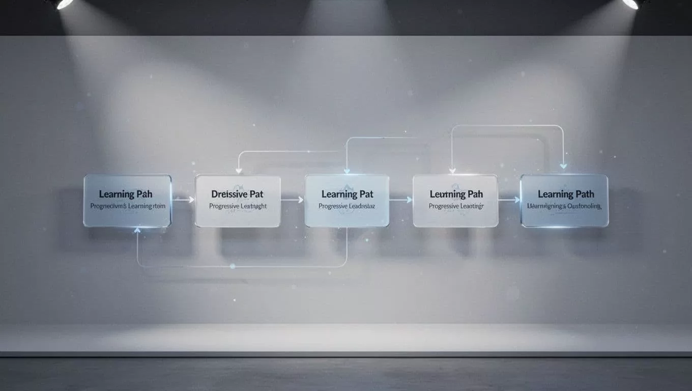A minimalist digital dashboard displays a series of interconnected nodes representing a curriculum path. Soft blue and neutral tones define the organized layout, emphasizing a logical progression through educational learning units.