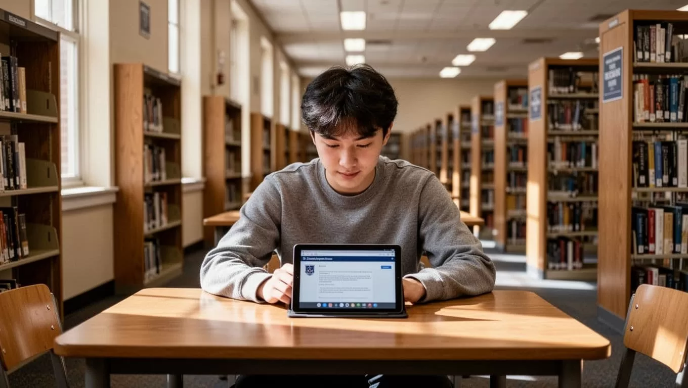 A student in a library listens to a tablet using earbuds.