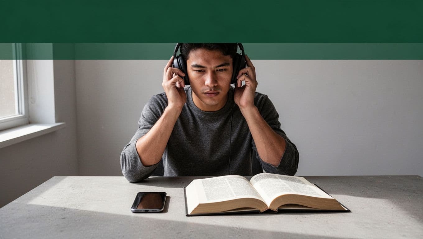 A focused individual wears modern headphones while sitting at a minimalist desk. An open physical book and smartphone rest nearby under a bold dark-green header panel featuring clear white typography.
