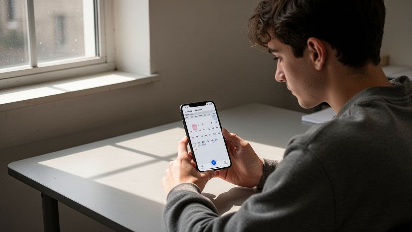A focused student views a digital calendar on a sleek smartphone. The minimalist image features a dark green header at the top containing the bold white text Time Management in sans-serif.