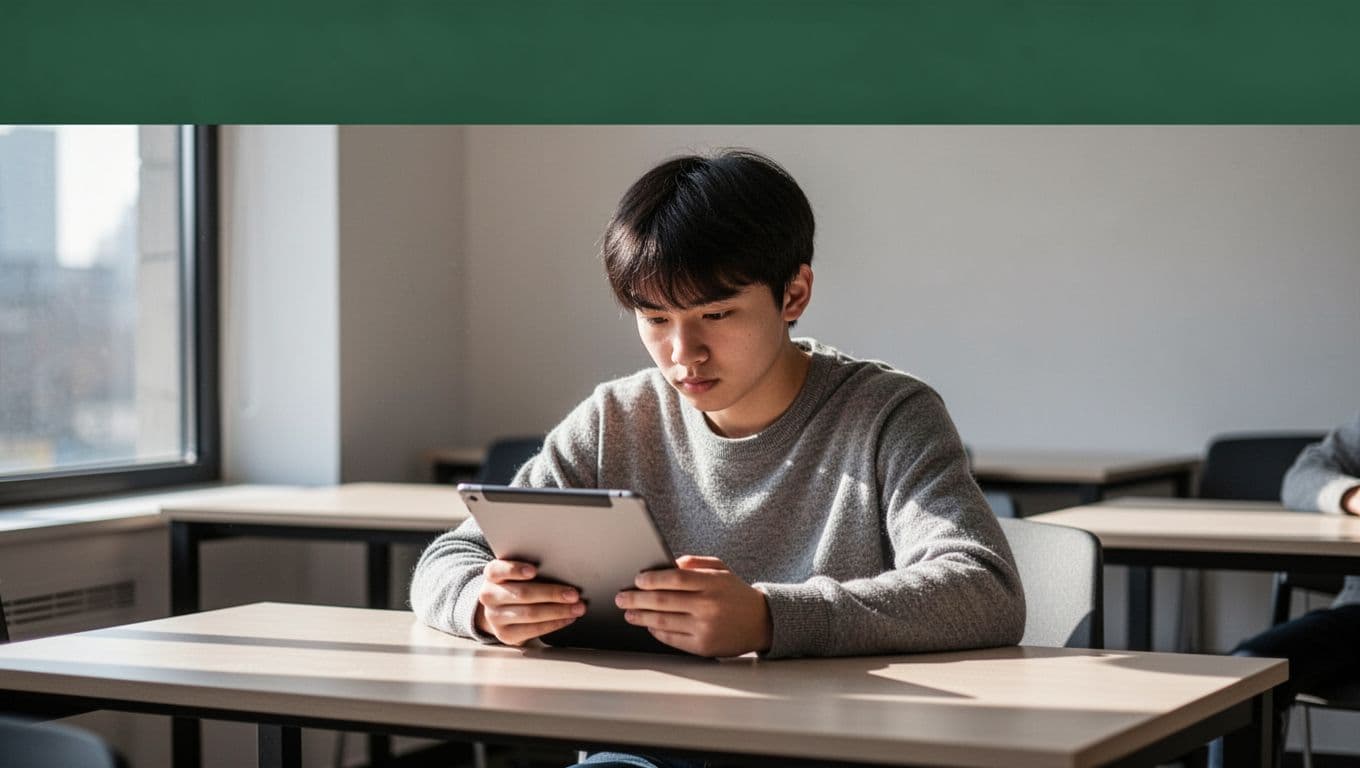 A focused student reviews a digital textbook on a slim tablet held in both hands. A dark green header bar displays the text Active Reading in sharp white geometric lettering.