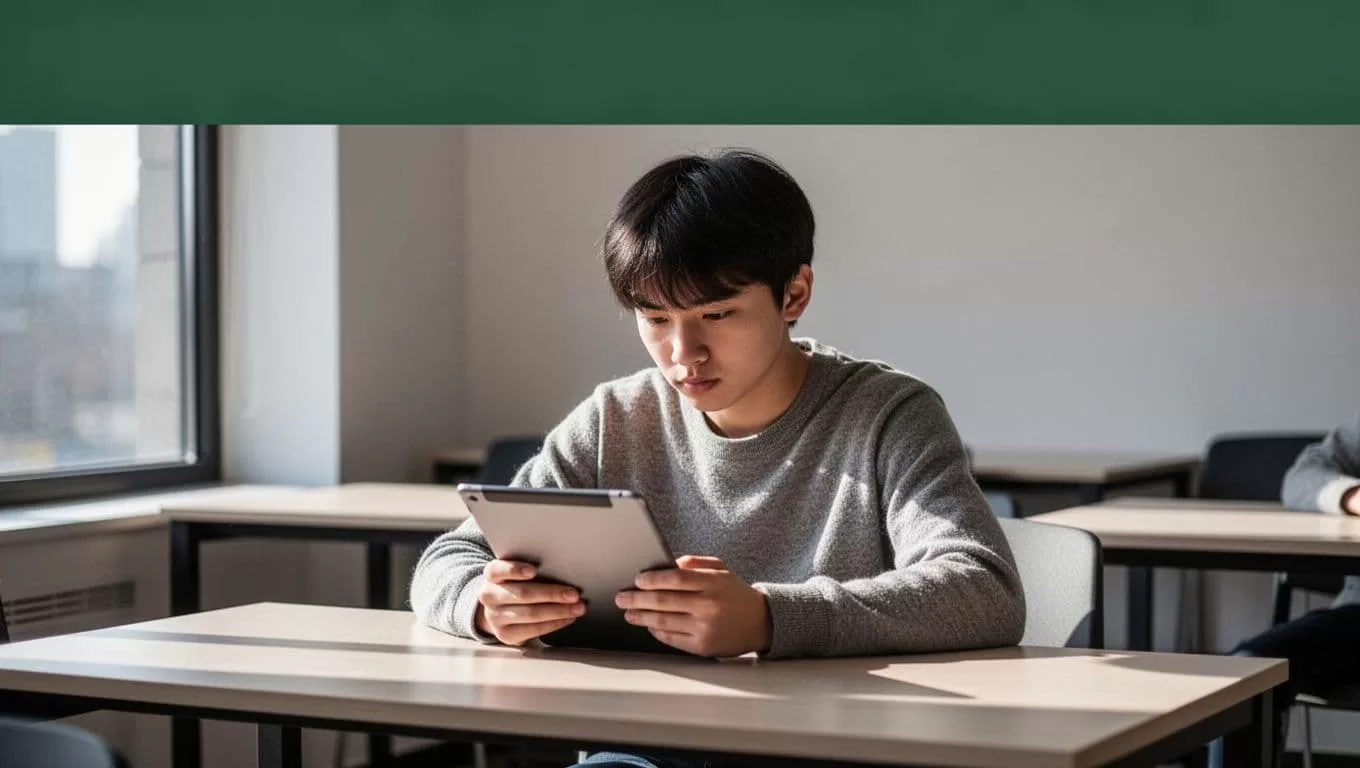 A focused student reviews a digital textbook on a slim tablet held in both hands. A dark green header bar displays the text Active Reading in sharp white geometric lettering.