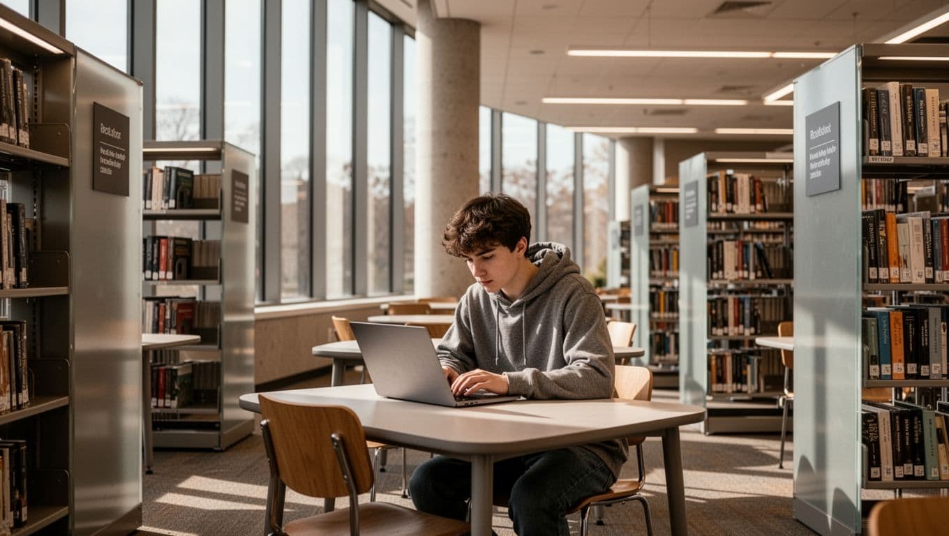 A student studying with a laptop in a quiet library setting.