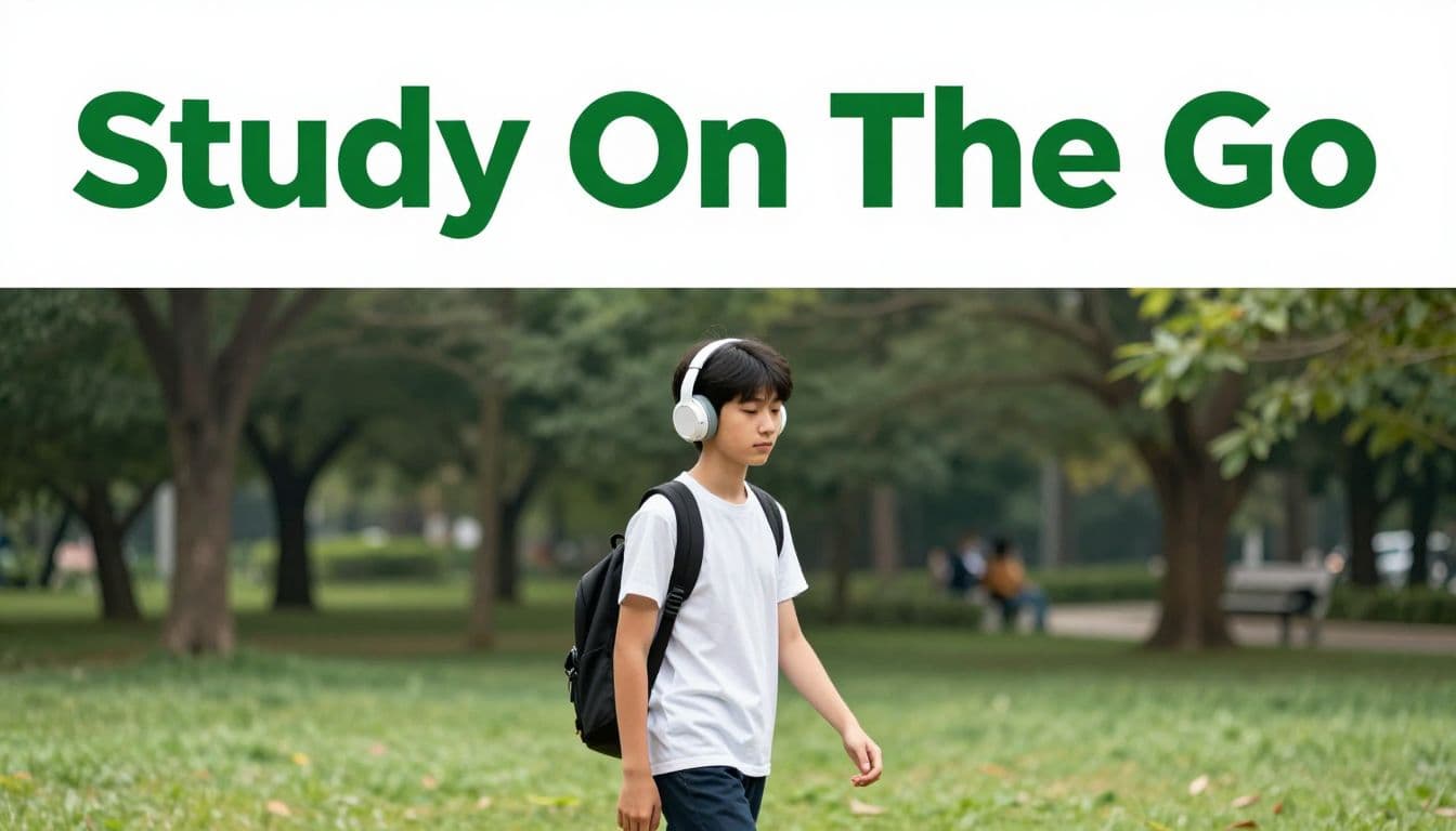 A student wearing headphones walks through a park with a study headline above.