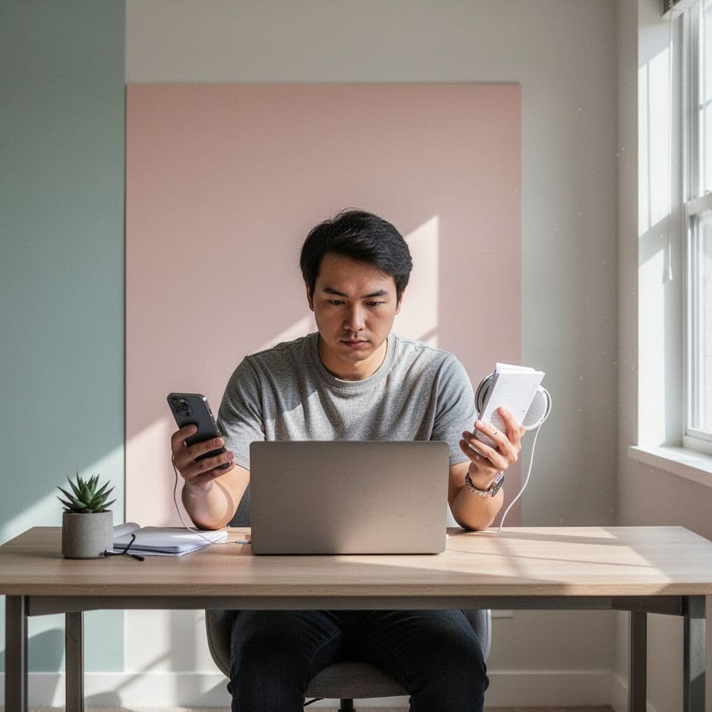 A student using a smartphone at a desk to convert study notes into audio.