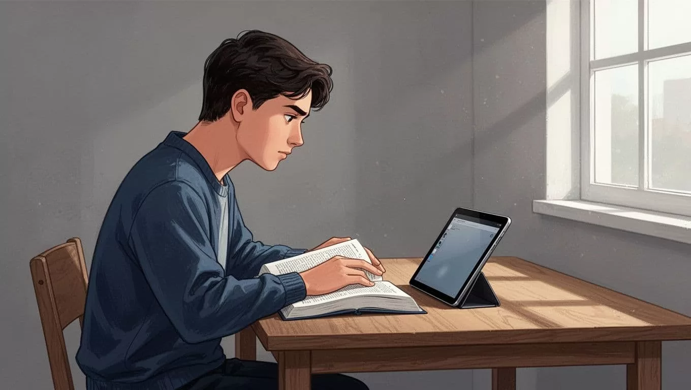 A student studying with a textbook and tablet under a green header titled Smart Study Summaries.