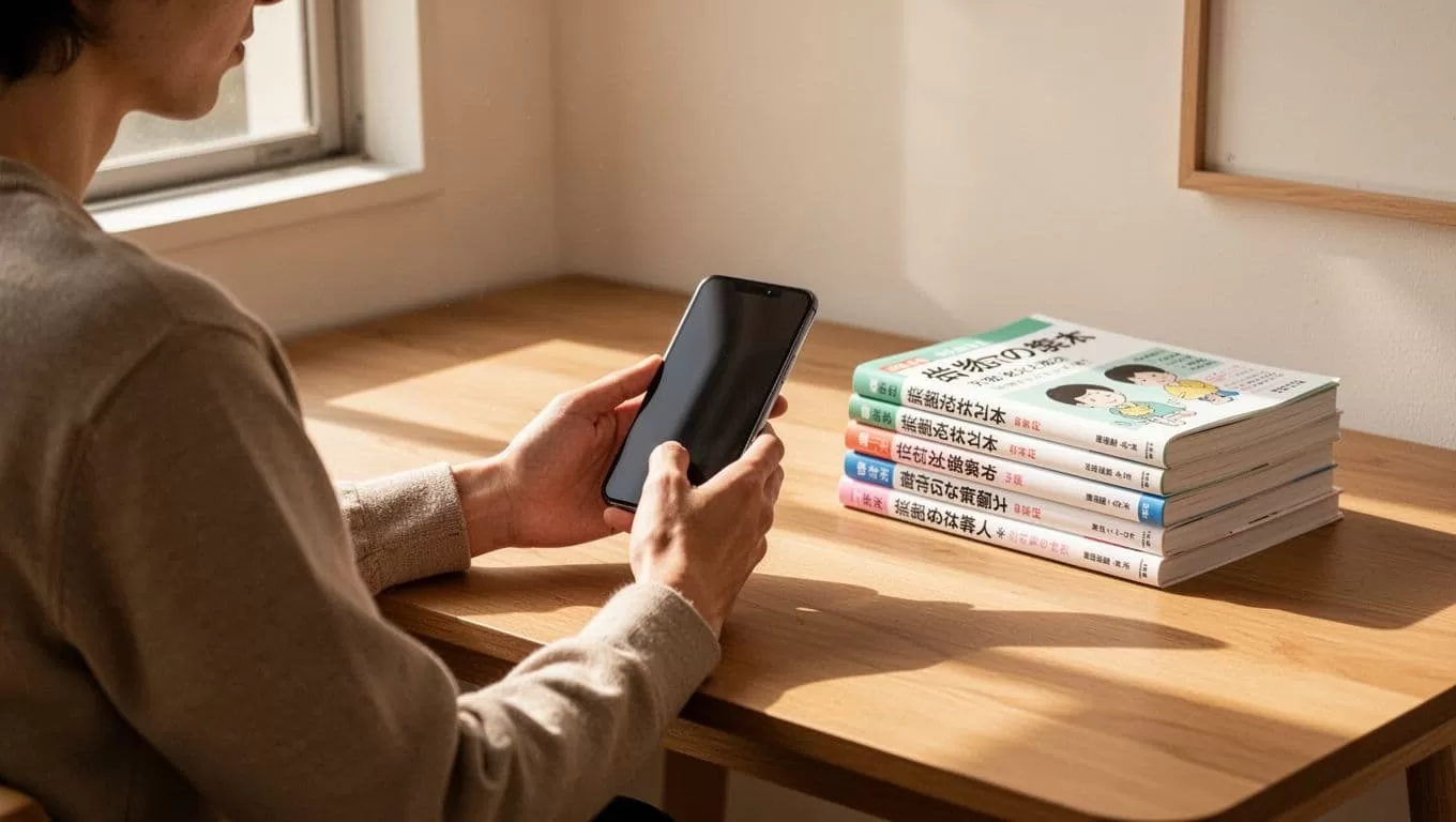 A person using a smartphone to study Japanese language books at a bright wooden desk.
