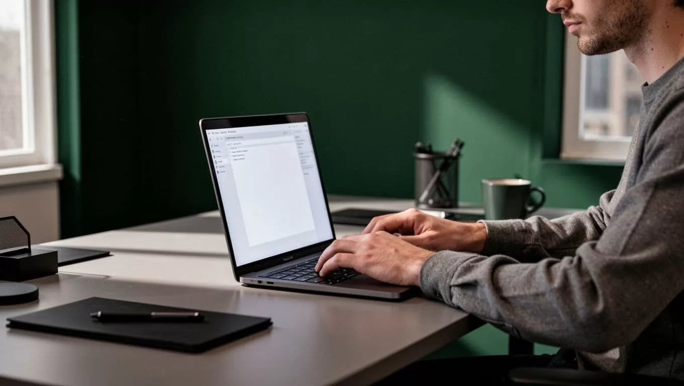 A developer working on a laptop with a header label for system integration.