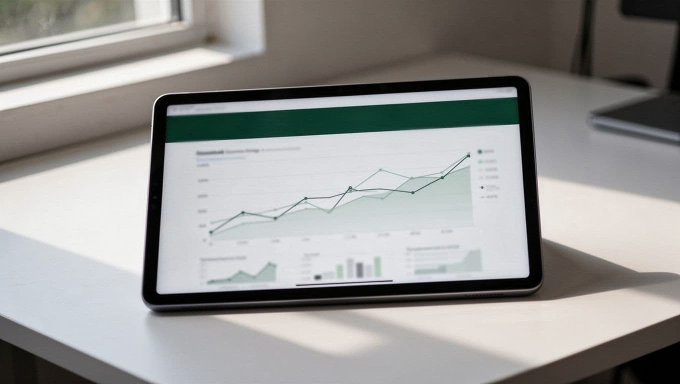 A sleek tablet rests on a clean desk, showcasing a vibrant graph and chart data interface. A dark green header prominently displays white bold text identifying the tool for tracking performance.