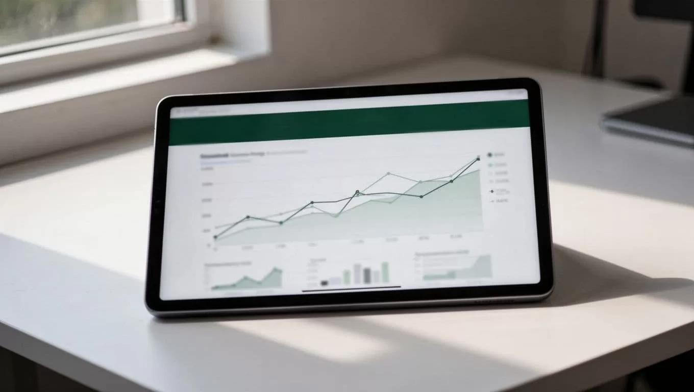 A sleek tablet rests on a clean desk, showcasing a vibrant graph and chart data interface. A dark green header prominently displays white bold text identifying the tool for tracking performance.