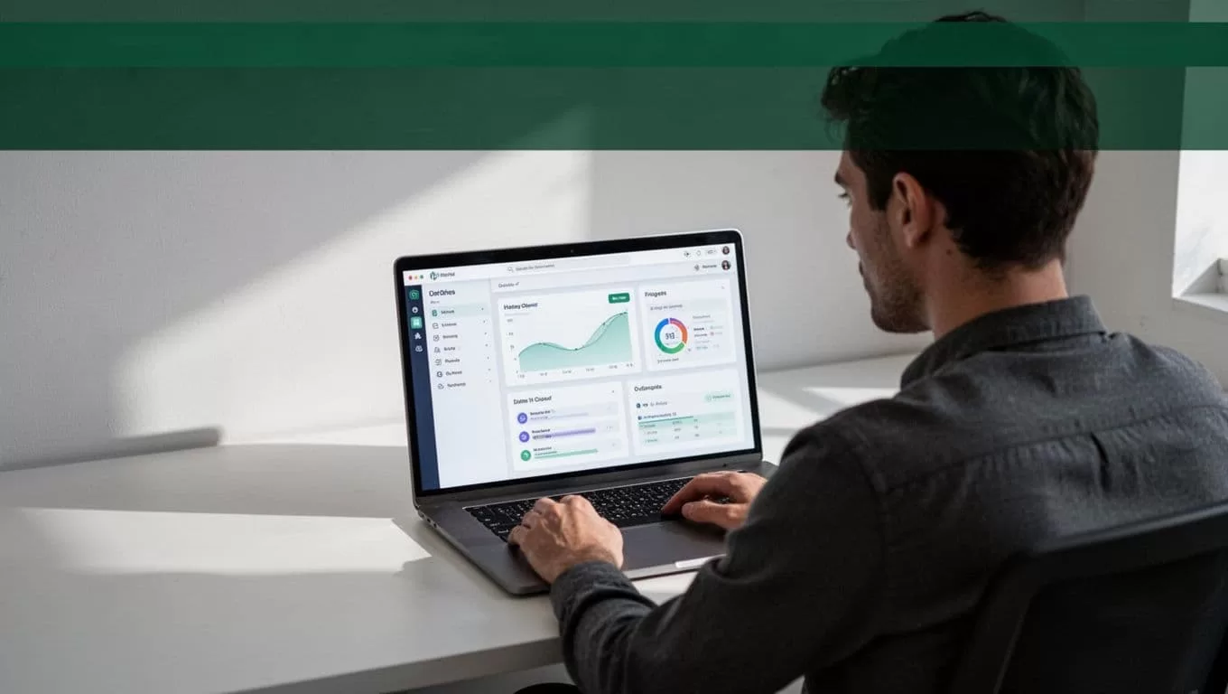 A laptop on a clean desk displays a tax workflow software dashboard.