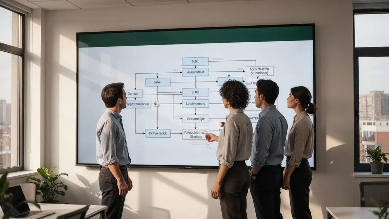 Two colleagues in a clean office stand before a large monitor displaying an intricate workflow diagram. A distinct dark green header bar prominently features the white text Content Review above them.