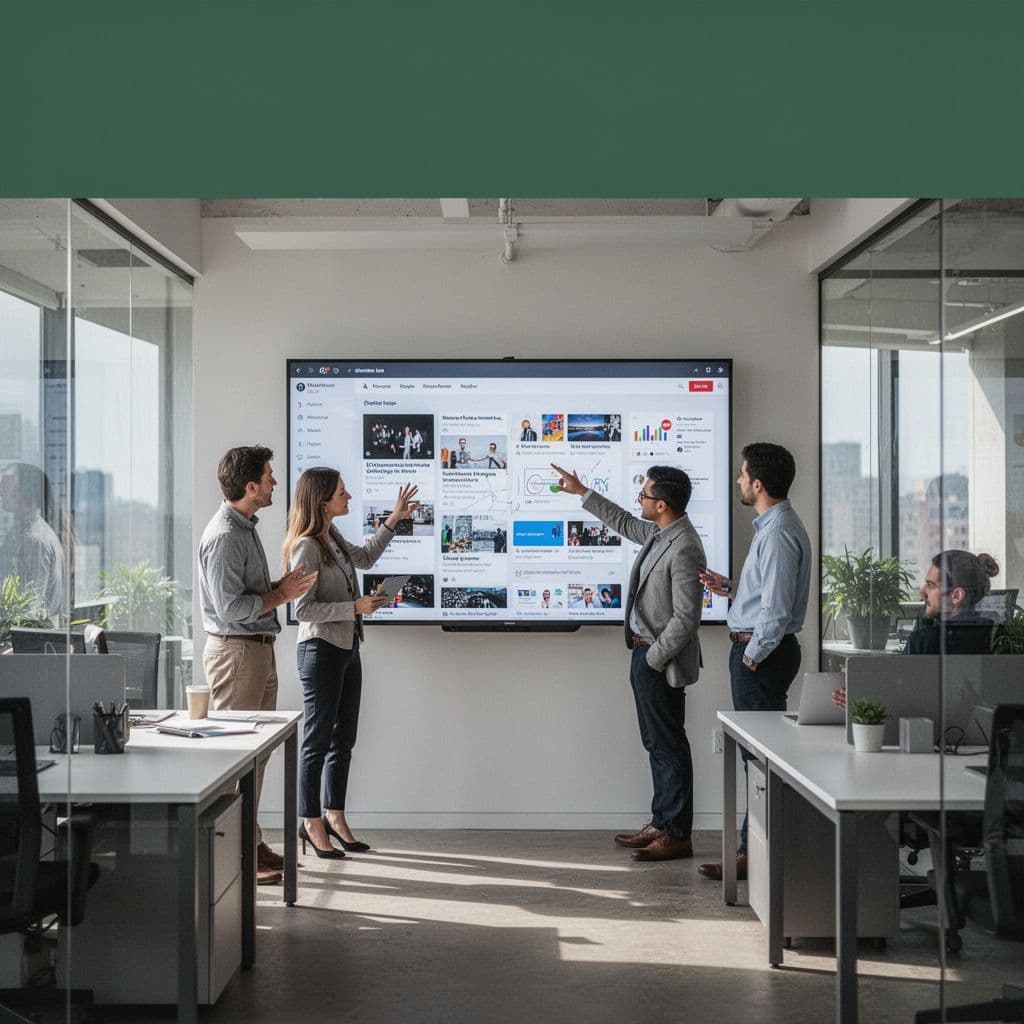 A focused group of professionals gathers around a large digital display to discuss strategic plans. They point toward colorful content cards arranged on the screen while working in a bright office.