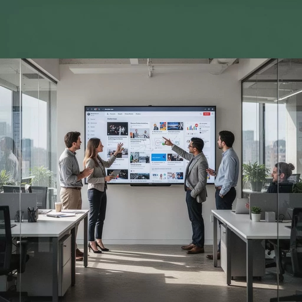 A focused group of professionals gathers around a large digital display to discuss strategic plans. They point toward colorful content cards arranged on the screen while working in a bright office.
