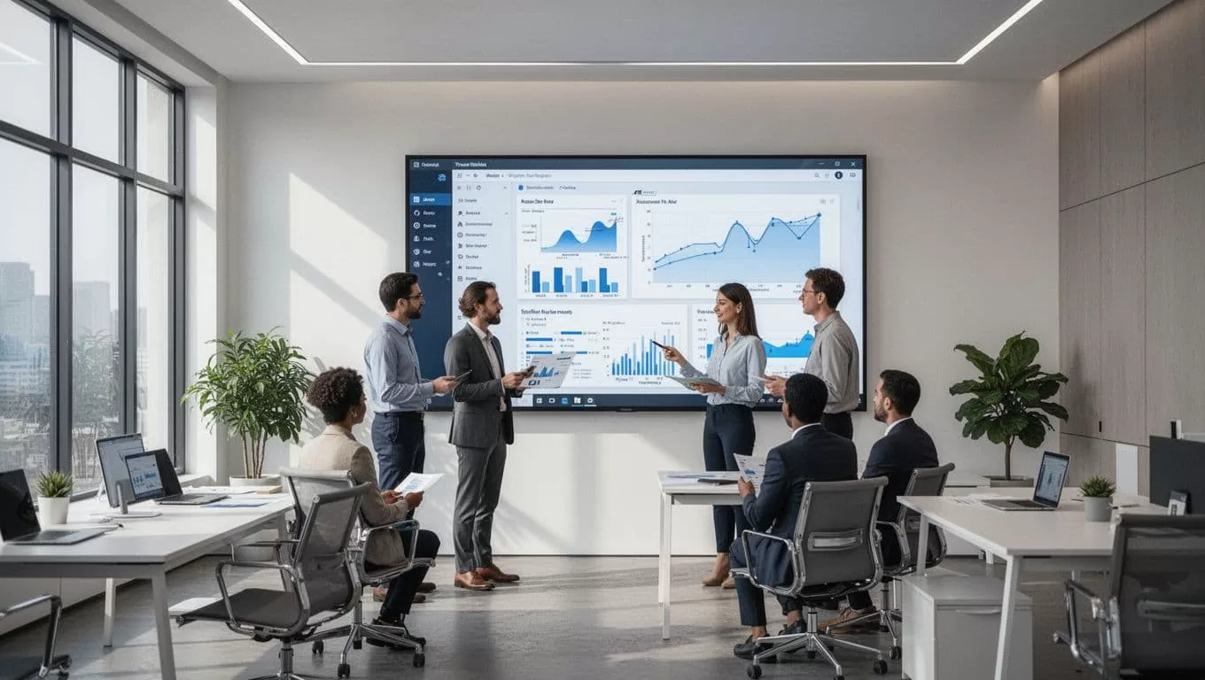 A group of colleagues reviews data projections on a large office wall display.
