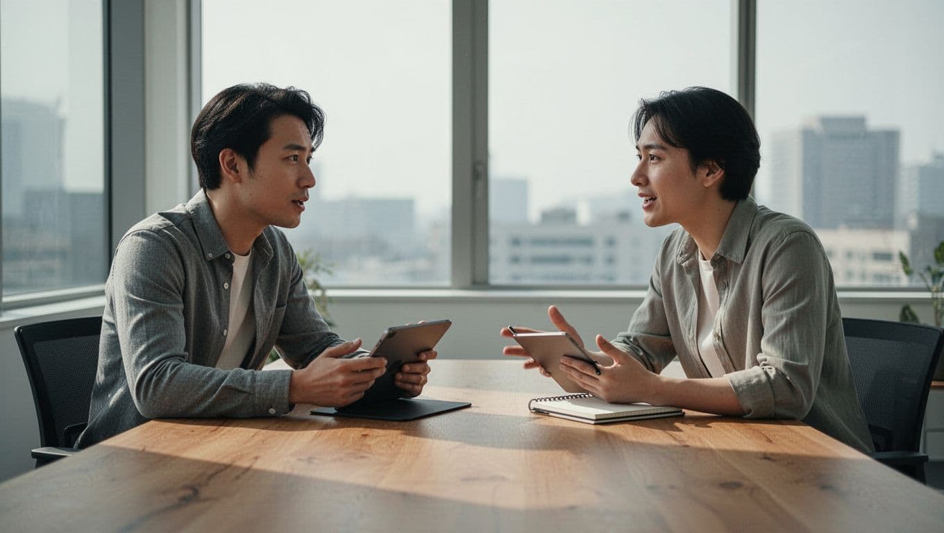Two colleagues sit at a minimalist table using a tablet and notebook to share ideas. The modern illustration uses soft, muted tones to highlight their active discussion on business planning.
