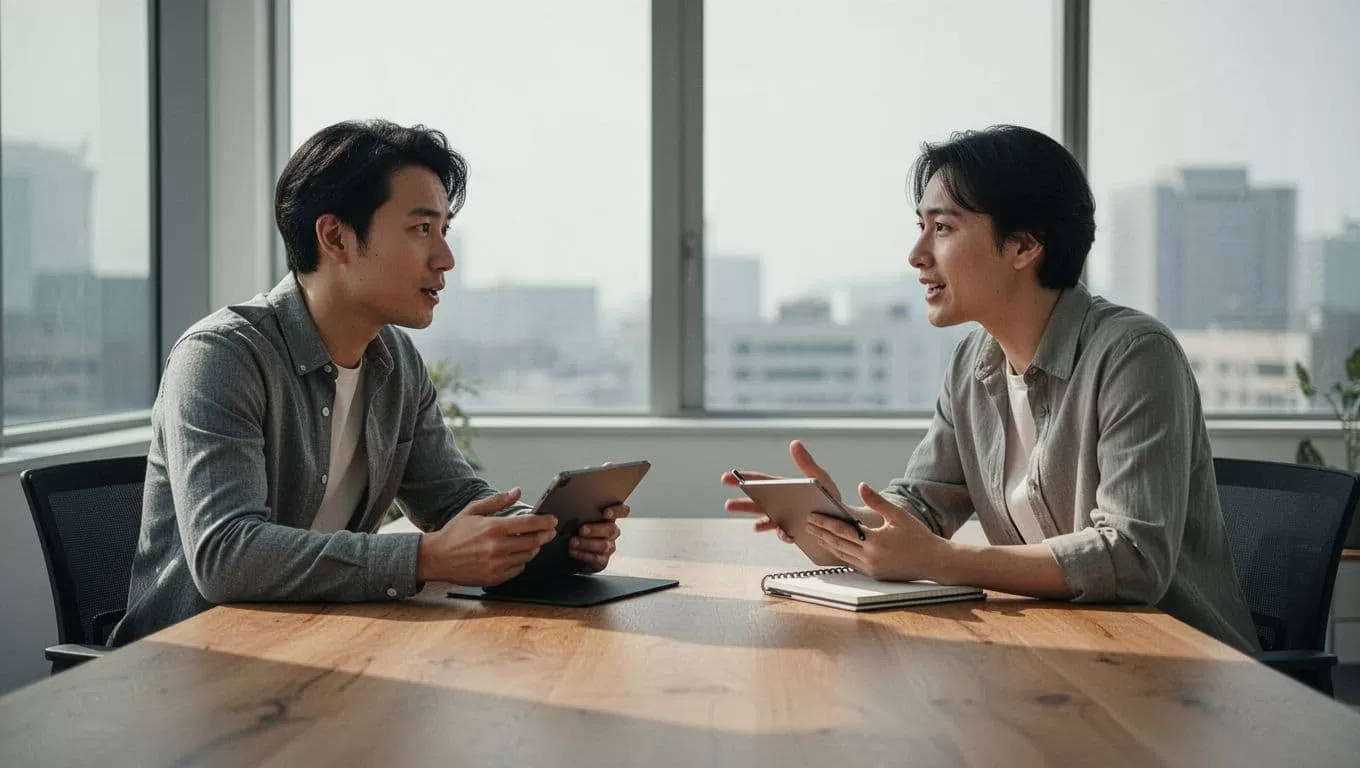 Two colleagues sit at a minimalist table using a tablet and notebook to share ideas. The modern illustration uses soft, muted tones to highlight their active discussion on business planning.
